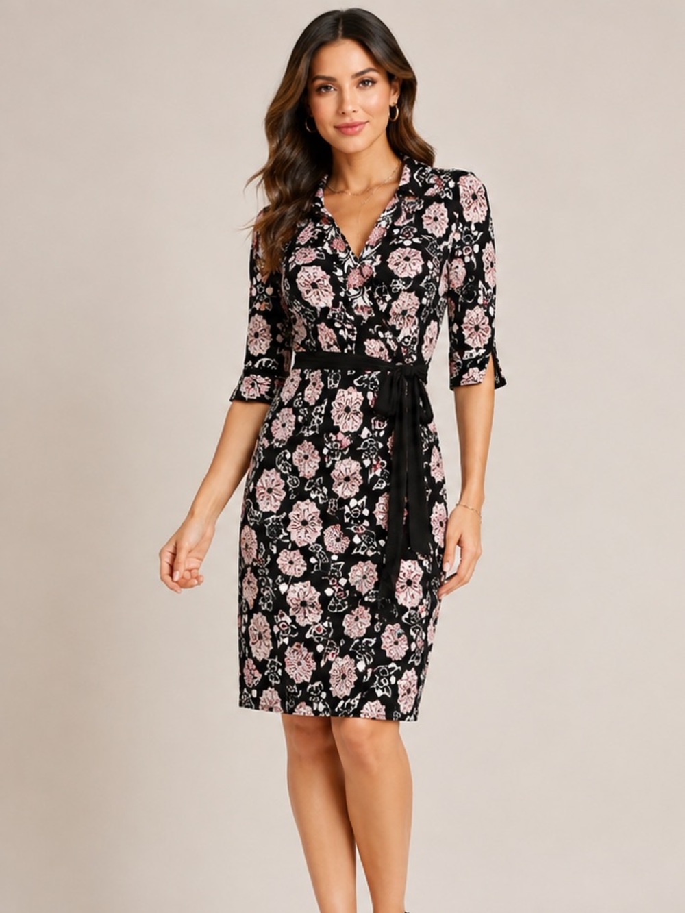 Laundry By Shelli Segal Black Midi Wrap Dress with Pink Floral Print